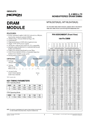 MT9LD272A datasheet - 2, 4 MEG x 72 NONBUFFERED DRAM DIMMs