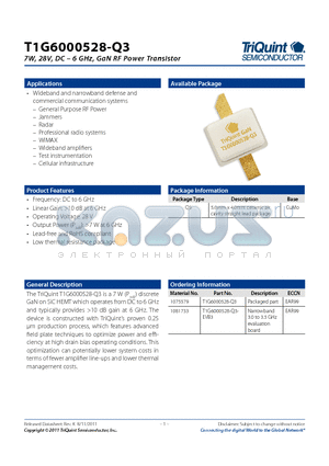 T1G6000528-Q3 datasheet - 7W, 28V, DC  6 GHz, GaN RF Power Transistor