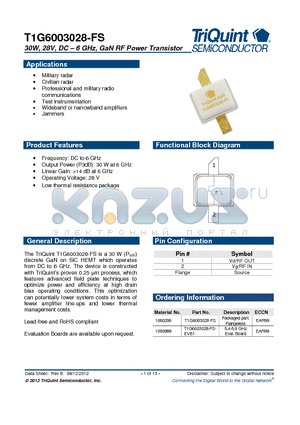 T1G6003028-FS datasheet - 30W, 28V, DC  6 GHz, GaN RF Power Transistor