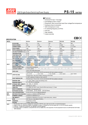 PS-15-12 datasheet - 15W Single Output Switching Power Supply