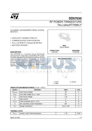 TSD57030 datasheet - RF POWER TRANSISTORS The LdmoST FAMILY