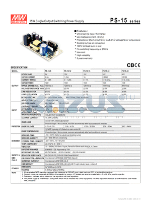 PS-15-5 datasheet - 15W Single Output Switching Power Supply