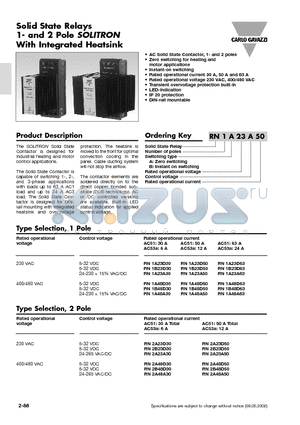 RN1A23D30 datasheet - Solid State Relays 1- and 2 Pole SOLITRON With Integrated Heatsink