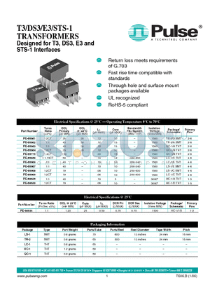 PE-65663 datasheet - T3/DS3/E3/STS-1 TRANSFORMERS Designed for T3, DS3, E3 and STS-1 Interfaces