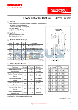 SBL3030CT datasheet - Power Schottky Rectifier - 30Amp 30Volt