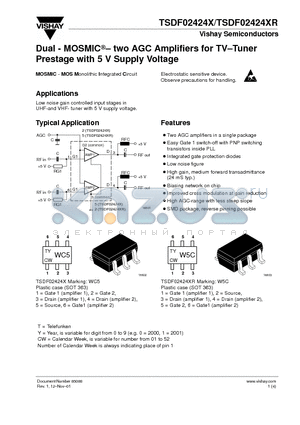 TSDF02424XR datasheet - Dual - MOSMIC two AGC Amplifiers for TV-Tuner Prestage with 5 V Supply Voltage