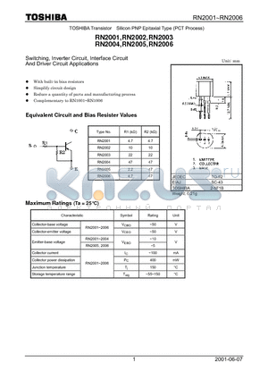 RN2006 datasheet - Switching, Inverter Circuit, Interface Circuit And Driver Circuit Applications