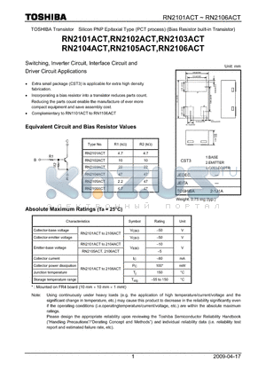 RN2103ACT datasheet - Switching, Inverter Circuit, Interface Circuit and Driver Circuit Applications