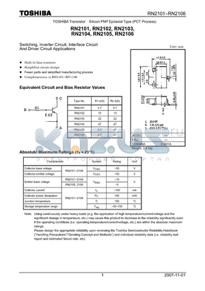 RN2105 datasheet - Silicon PNP Epitaxial Type (PCT Process) Switching, Inverter Circuit, Interface Circuit And Driver Circuit Applications