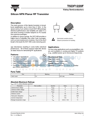 TSDF1220F datasheet - Silicon NPN Planar RF Transistor