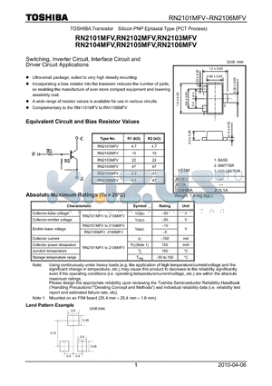 RN2106MFV datasheet - Switching, Inverter Circuit, Interface Circuit and Driver Circuit Applications