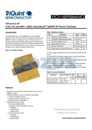 T1P2701012-SP datasheet - 10 W, 12V, 500 MHz-3GHz, PowerbandTM pHEMT RF Power Transistor