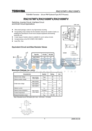 RN2107MFV datasheet - Switching, Inverter Circuit, Interface Circuit and Driver Circuit Applications