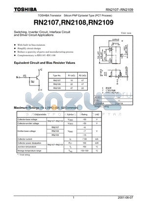 RN2108 datasheet - TOSHIBA Transistor Silicon PNP Epitaxial Type (PCT Process)