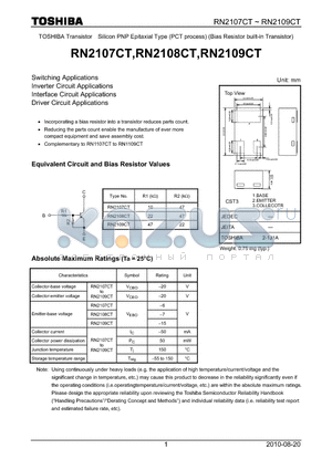 RN2108CT datasheet - Switching Applications Inverter Circuit Applications Interface Circuit Applications Driver Circuit Applications