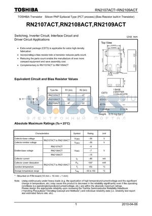 RN2109ACT datasheet - Switching, Inverter Circuit, Interface Circuit and Driver Circuit Applications