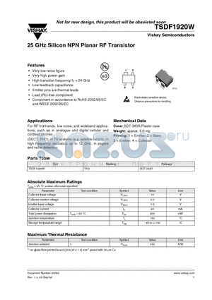 TSDF1920W datasheet - 25 GHz Silicon NPN Planar RF Transistor