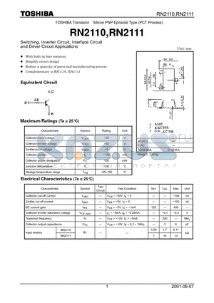 RN2110 datasheet - Switching, Inverter Circuit, Interface Circuit and Driver Circuit Applications