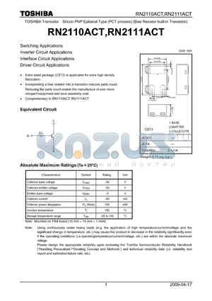 RN2110ACT datasheet - Switching Applications Inverter Circuit Applications Interface Circuit Applications Driver Circuit Applications