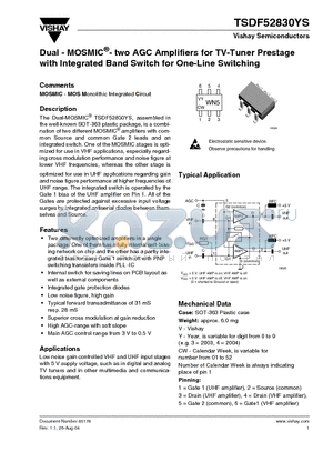 TSDF52830YS datasheet - Dual - MOSMIC- two AGC Amplifiers for TV-Tuner Prestage with Integrated Band Switch for One-Line Switching