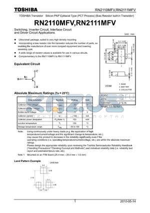 RN2111MFV datasheet - Switching, Inverter Circuit, Interface Circuit and Driver Circuit Applications