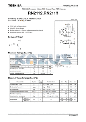 RN2112 datasheet - Switching, Inverter Circuit, Interface Circuit and Driver Circuit Applications