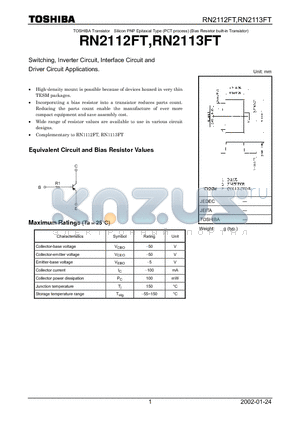 RN2112FT datasheet - TOSHIBA Transistor Silicon PNP Epitaxial Type (PCT process) (Bias Resistor built-in Transistor)