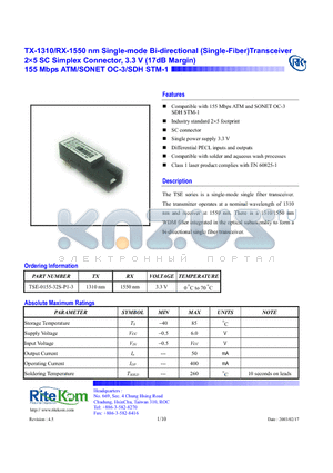 TSE-0155-32S-P1-3 datasheet - SINGLE MODE SINGLE FIBER TRANSCEIVER