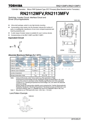 RN2112MFV datasheet - Switching, Inverter Circuit, Interface Circuit and Driver Circuit Applications