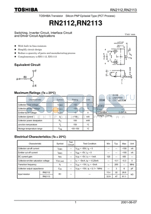 RN2113 datasheet - Switching, Inverter Circuit, Interface Circuit and Driver Circuit Applications