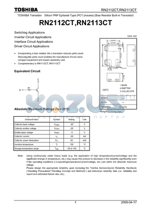 RN2113CT datasheet - Switching Applications Inverter Circuit Applications Interface Circuit Applications Driver Circuit Applications