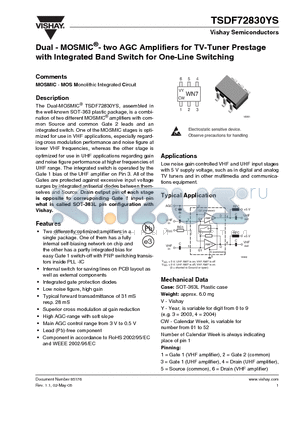 TSDF72830YS datasheet - Dual - MOSMIC- two AGC Amplifiers for TV-Tuner Prestage with Integrated Band Switch for One-Line Switching