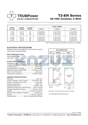 T2-2S0505EH datasheet - DC/DC CONVERTERS 6K VDC Isolation, 2 Watt