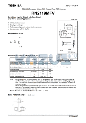 RN2119MFV datasheet - Switching, Inverter Circuit, Interface Circuit and Driver Circuit Applications