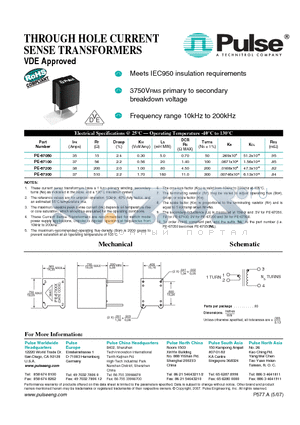 PE-67100 datasheet - Meets IEC950 insulation requirements 3750VRMS primary to secondary breakdown voltage Frequency range 10kHz to 200kHz