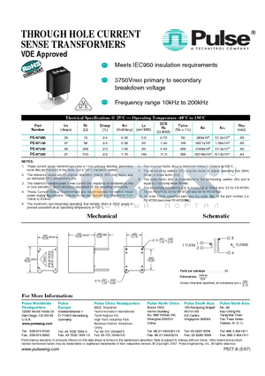 PE-67300 datasheet - Meets IEC950 insulation requirements 3750VRMS primary to secondary breakdown voltage Frequency range 10kHz to 200kHz