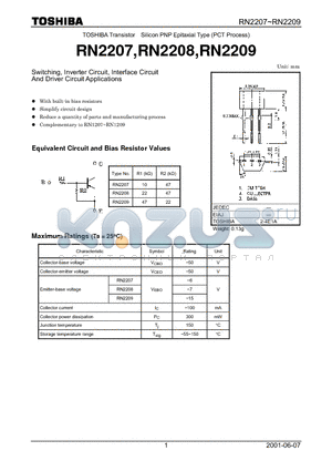 RN2208 datasheet - TOSHIBA Transistor Silicon PNP Epitaxial Type (PCT Process)