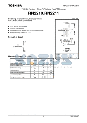 RN2210 datasheet - TOSHIBA Transistor Silicon PNP Epitaxial Type (PCT Process)