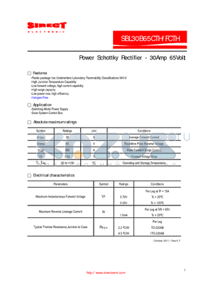 SBL30B65CTH_FCTH datasheet - Power Schottky Rectifier - 30Amp 65Volt