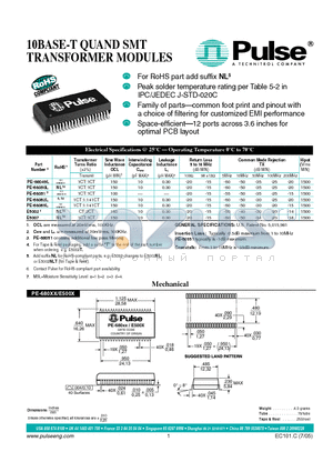 PE-68050L datasheet - 10BASE-T QUAND SMT TRANSFORMER MODULES