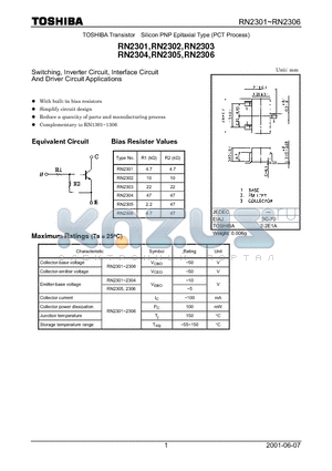 RN2302 datasheet - TOSHIBA Transistor Silicon PNP Epitaxial Type (PCT Process)