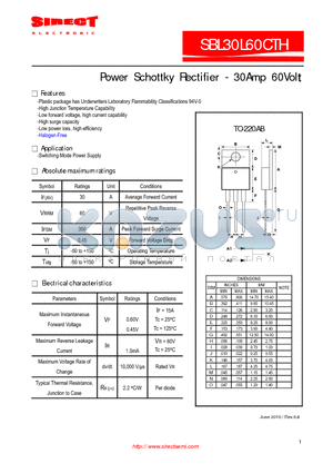 SBL30L60CTH datasheet - Power Schottky Rectifier - 30Amp 60Volt