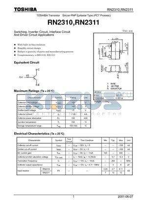 RN2310 datasheet - TOSHIBA Transistor Silicon PNP Epitaxial Type (PCT Process)