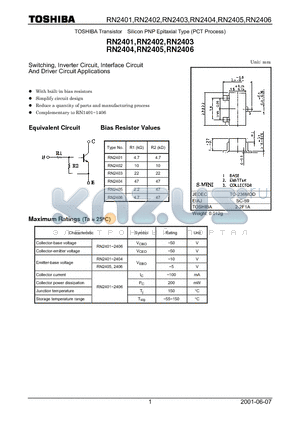 RN2401 datasheet - Switching, Inverter Circuit, Interface Circuit And Driver Circuit Applications