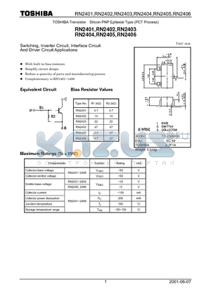RN2402 datasheet - Switching, Inverter Circuit, Interface Circuit And Driver Circuit Applications