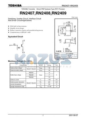 RN2407 datasheet - TOSHIBA Transistor Silicon PNP Epitaxial Type (PCT Process)