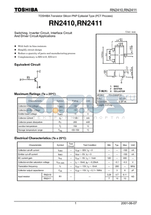 RN2410 datasheet - TOSHIBA Transistor Silicon PNP Epitaxial Type (PCT Process)