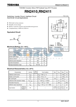 RN2411 datasheet - TOSHIBA Transistor Silicon PNP Epitaxial Type (PCT Process)