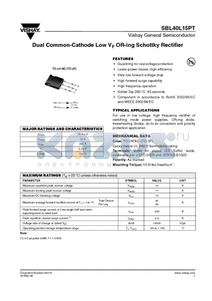 SBL40L15PT datasheet - Dual Common-Cathode Low VF OR-ing Schottky Rectifier
