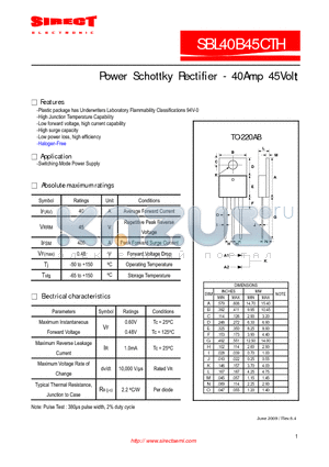 SBL40B45CTH datasheet - Power Schottky Rectifier - 40Amp 45Volt